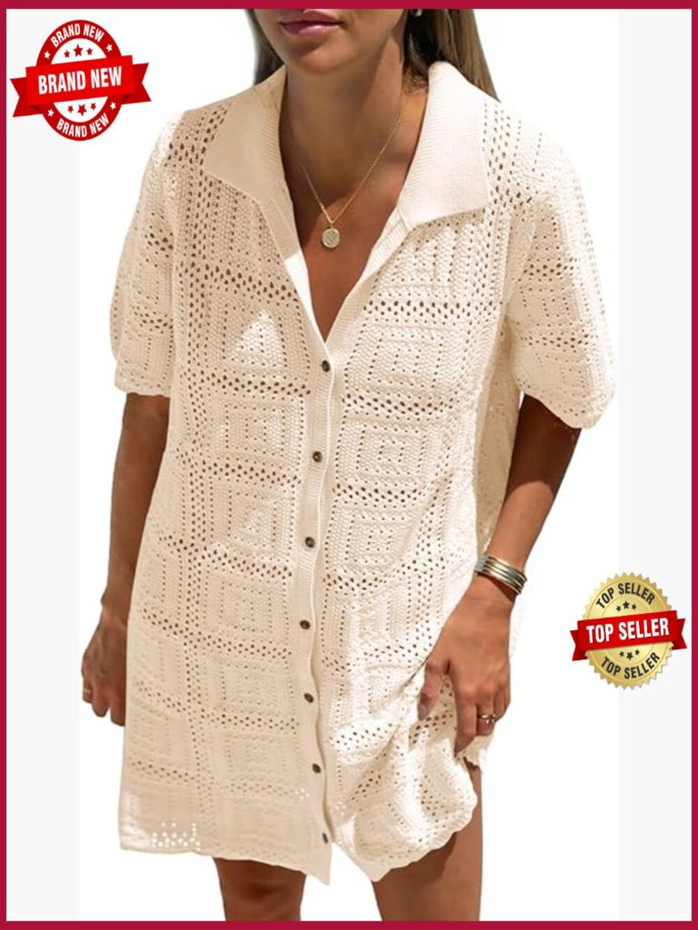 Womens Crochet Swimsuit Cover Up Dress Short Sleeve V Neck Button Beach